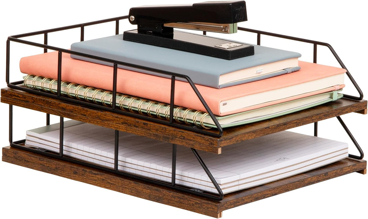 Mind Reader 2-Tier Rustic Letter Tray Organizer with Metal Frame, Wood Base f...
