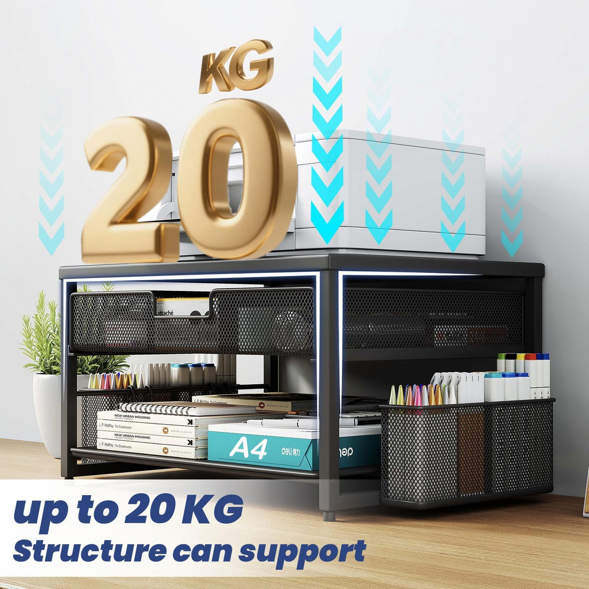 Metal Desktop Printer Stand with Storage Drawer & 2 Pen Holders,2 Tier Ho...