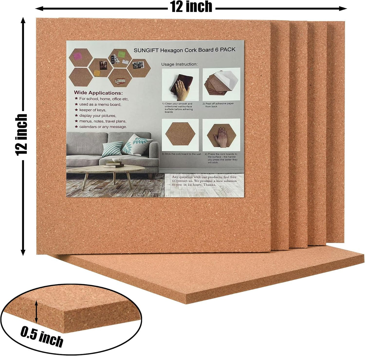 SUNGIFT Cork Board 12"x12" - 1/2 Inch Thick Self-Adhesive Tiles, 6 ...