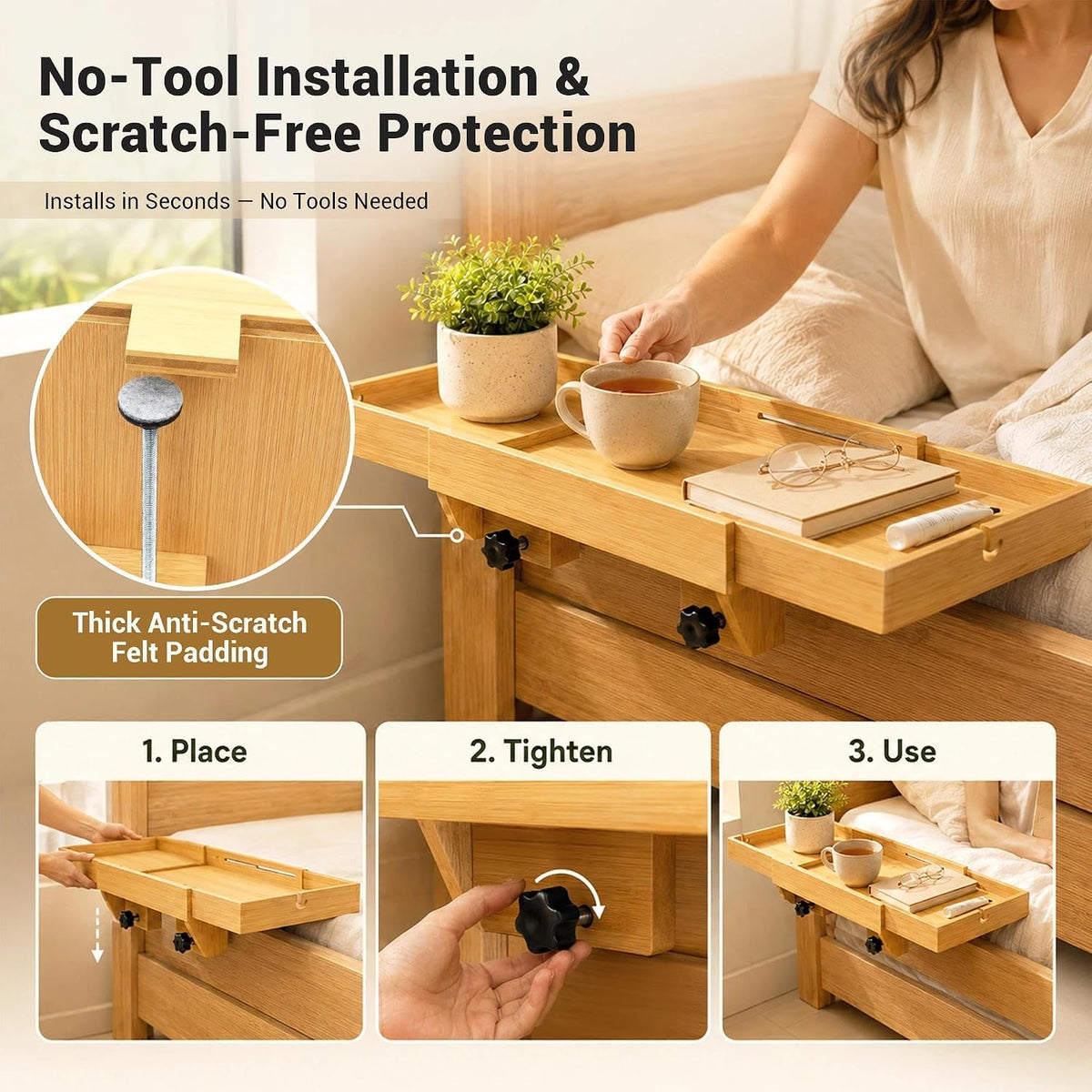 MinBoo Expandable Bamboo Bedside Shelf – Sliding Clip-On Nightstand for Bunk ...