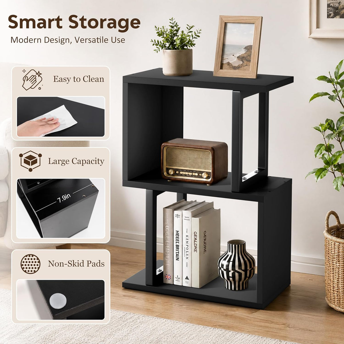 Desk Shelf Organizer, Small Desktop Bookshelf Wood, Black
