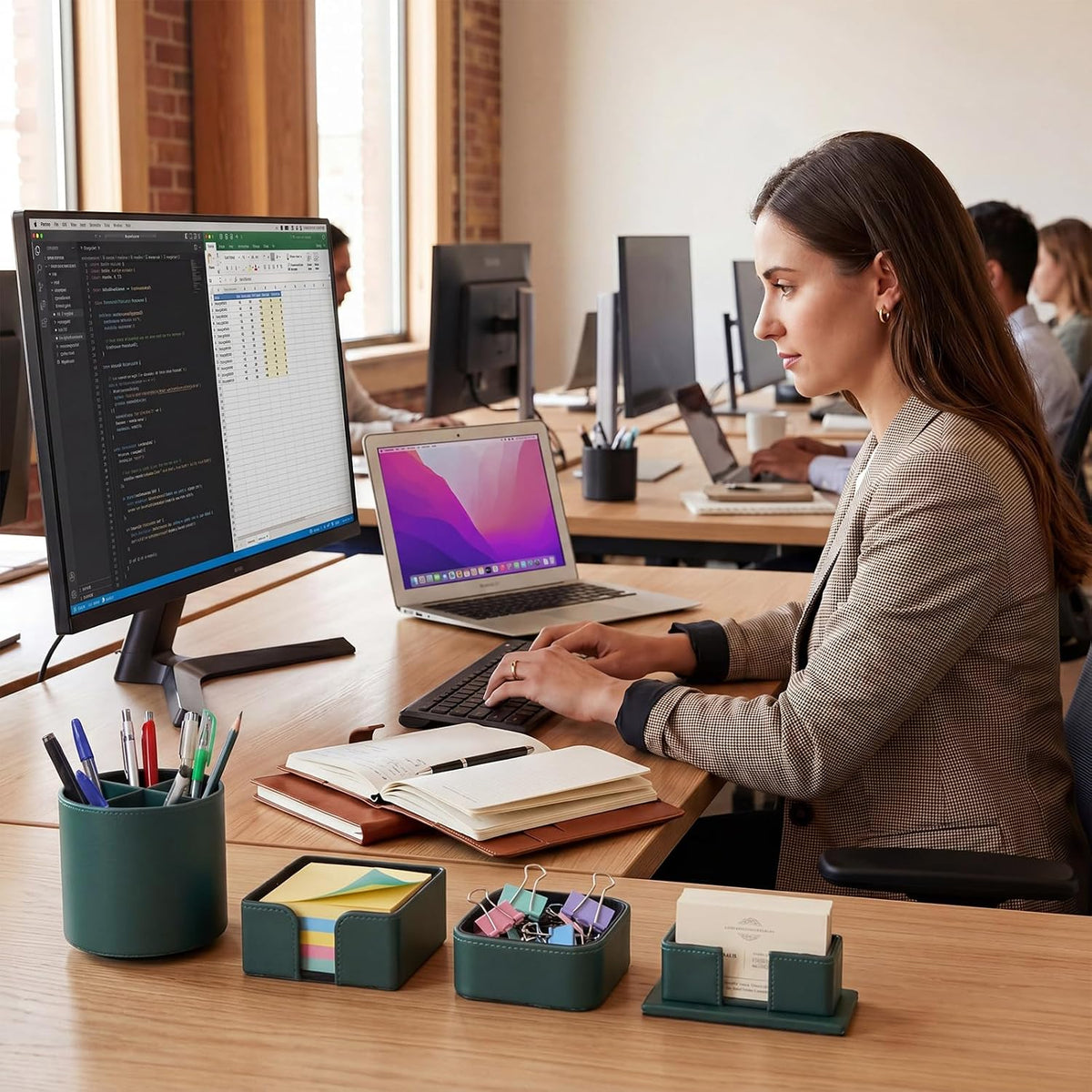 4 Pcs Aesthetic PU Leather Desk Organnizer Set, Green
