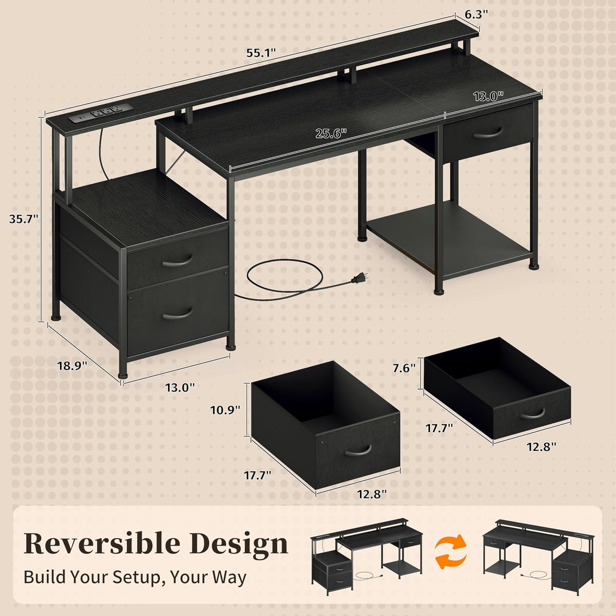 Korfile 55" Computer Desk with File Drawer, Printer Space, Dark Black