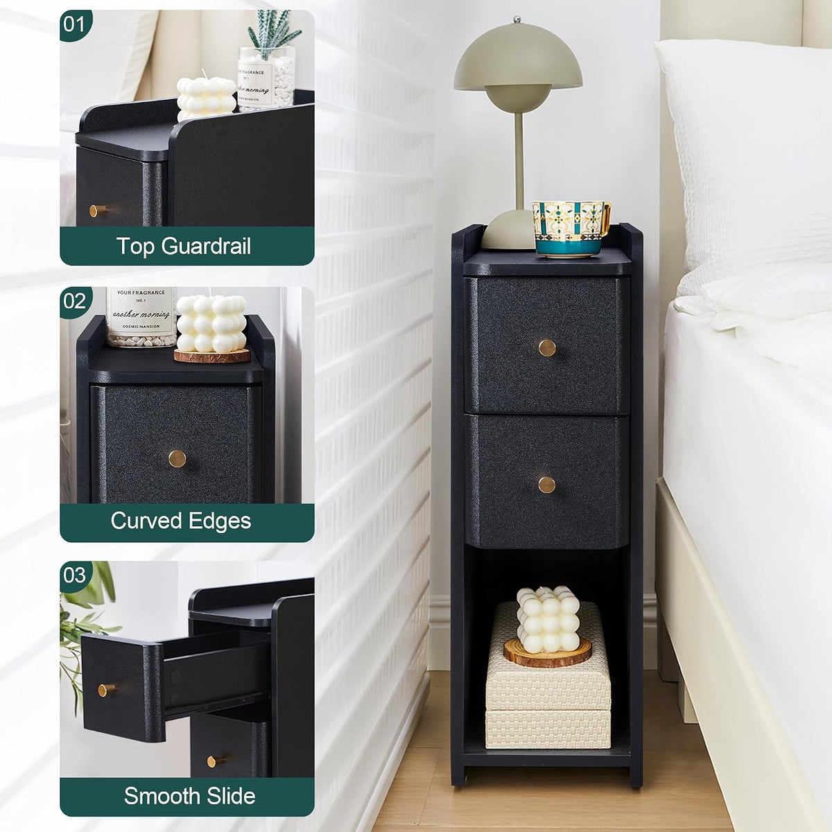 FurSch Narrow Nightstand, Wooden 2 Drawer, Slim Side End Table, Black, 1 pc