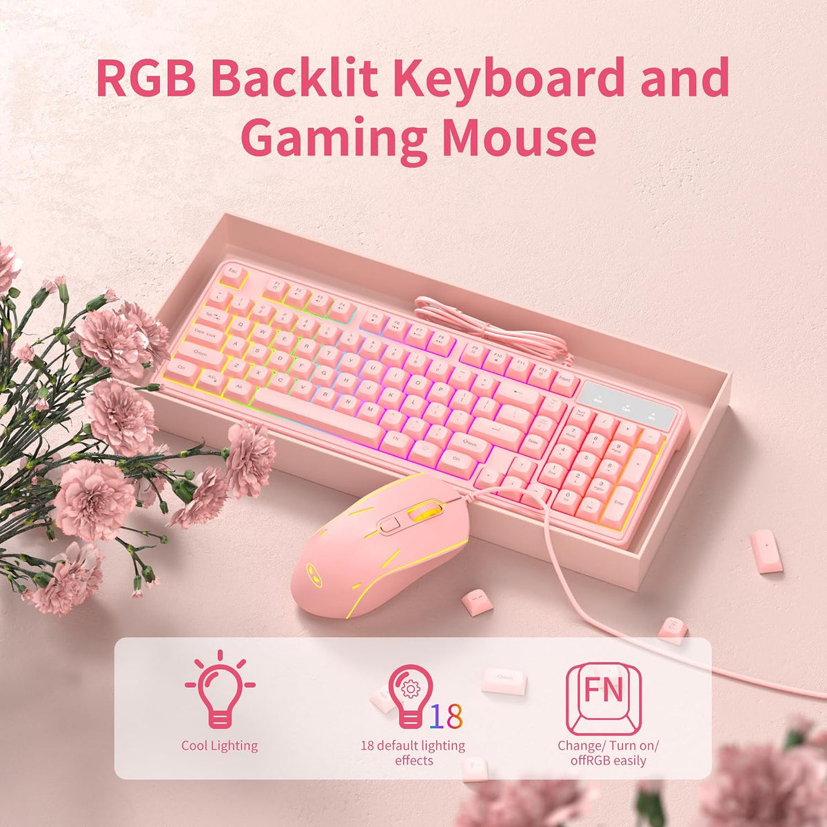 Pink Creamy Keyboard and Mouse Combo,MageGee GK980 Wired RGB Backlit Keyboard...