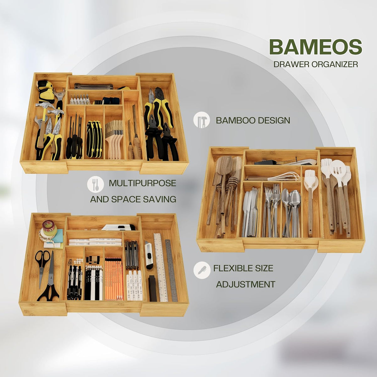 BAMEOS 3.9inch Tall Bamboo Drawer Organizer, Expandable Utensil Holder with 8...