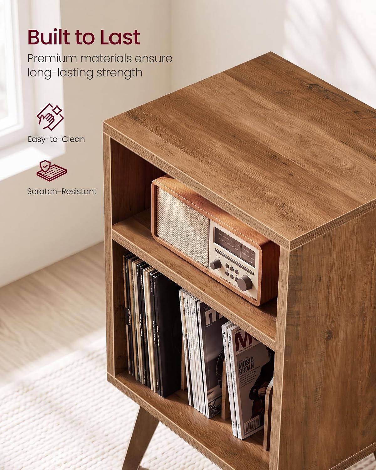 VASAGLE End Table, Mid-Century Record Player Stand, Holds 160 Albums