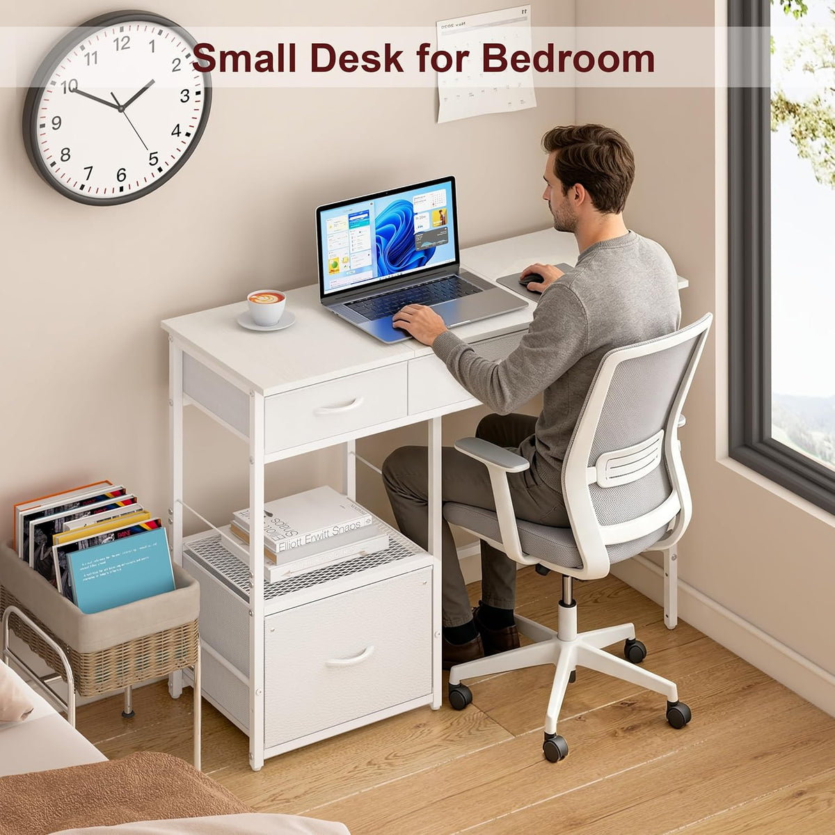 White Desk with File Drawers Cabinet, Small Writing Desk with Storage Shelf