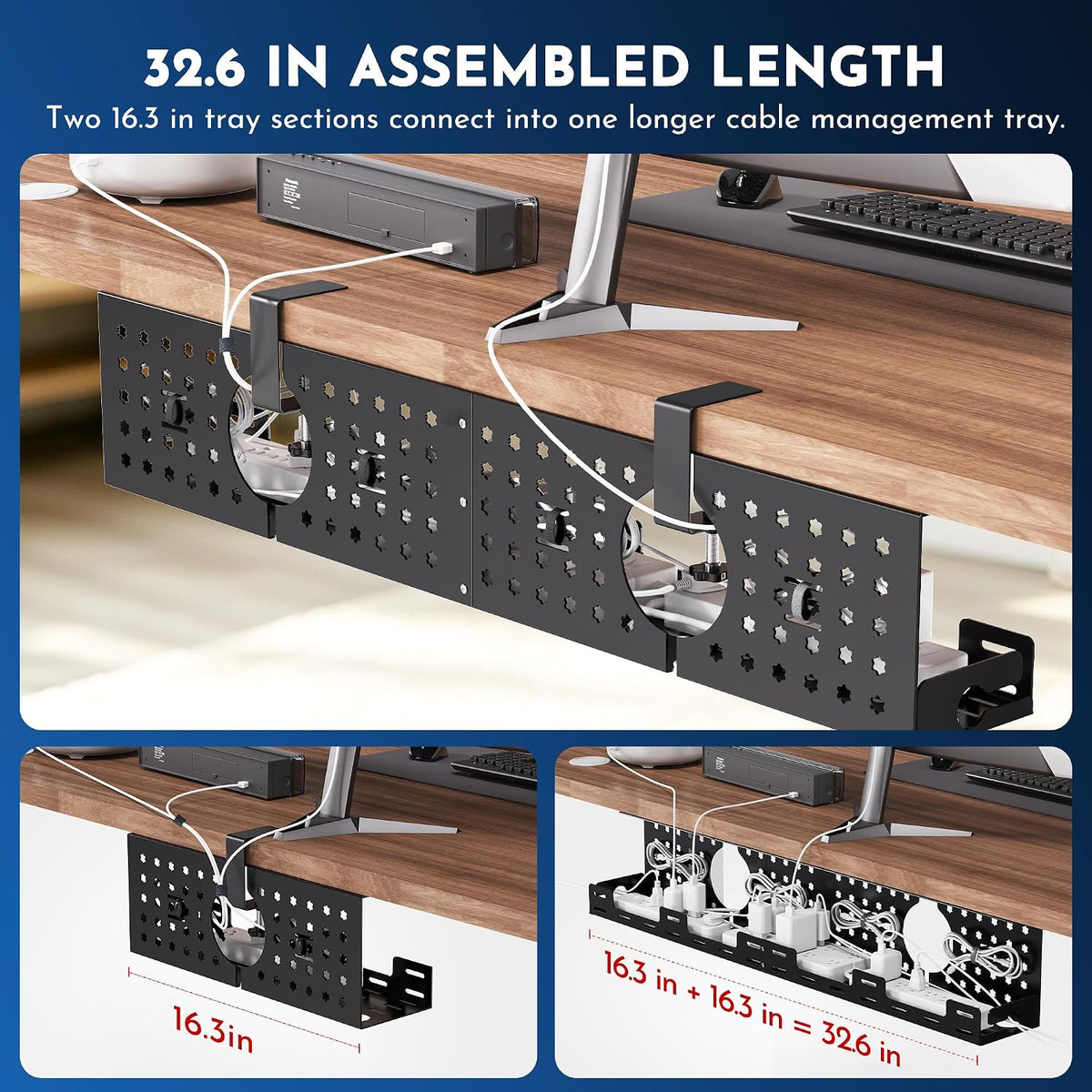 Under Desk Cable Management Tray, 32.6 in, No Drill Cable Organizer, Black