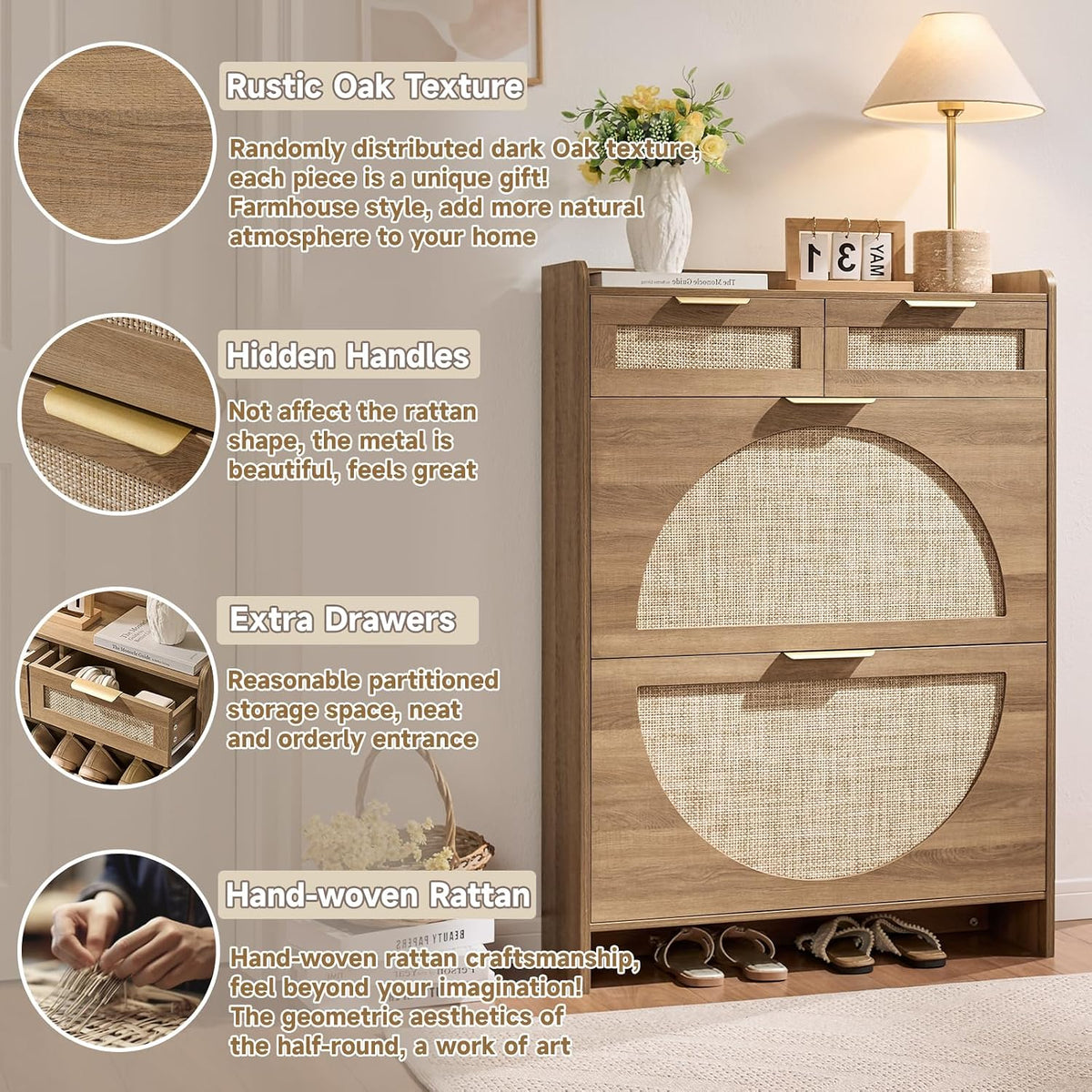 Rattan Shoe Storage Cabinet with 2 Flip Drawers & 2 Drawers, Freestanding...