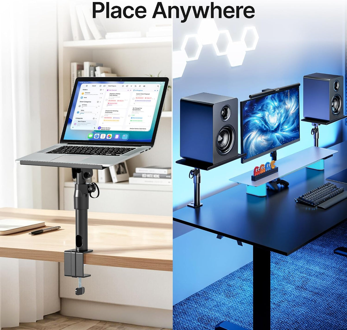 PEGZONE Clamp-on Speaker Stand Pair Heavy-Duty Desktop Speaker Mount Black