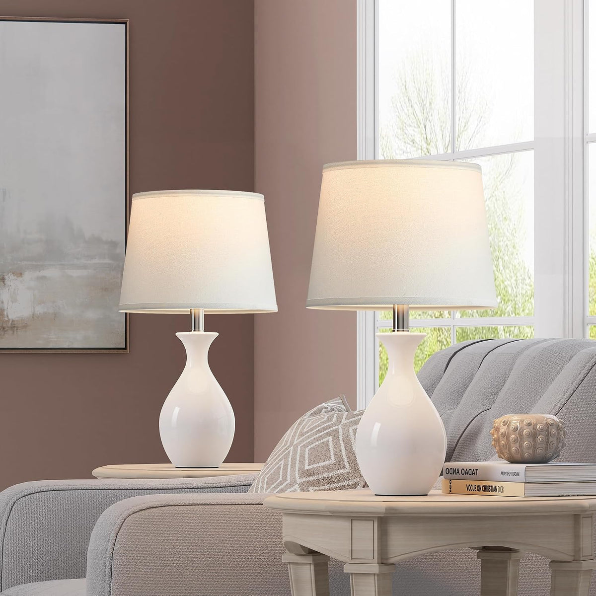PARTPHONER Table Lamp Set of 2, Modern Ceramic Bedside Lamps for Night Stands...