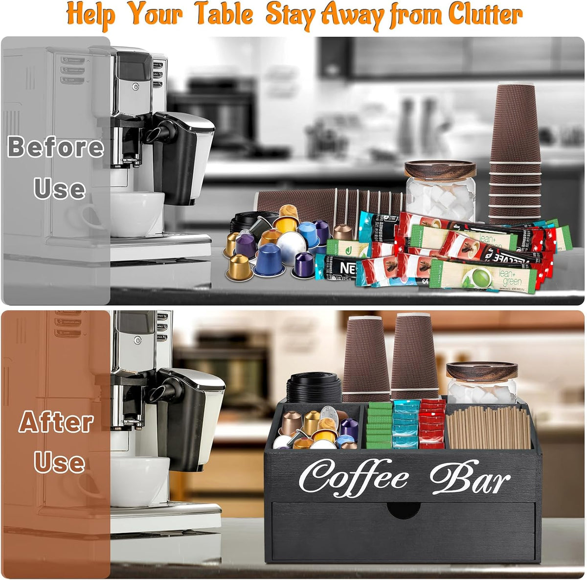 Coffee Bar Organizer Countertop, Wooden Bar Accessories With Drawer, Coffee S...