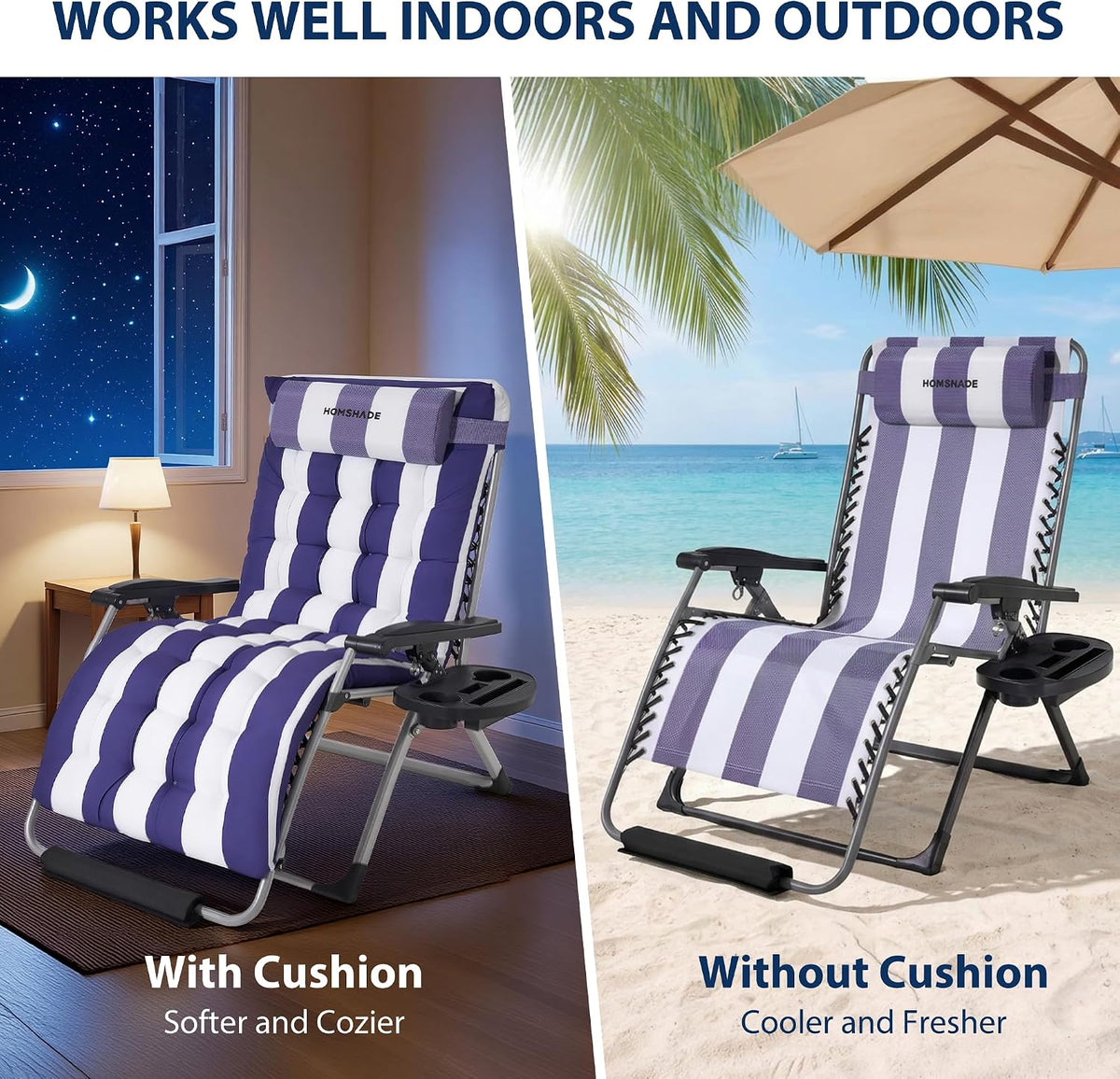 HOMSHADE 33 Inch XXL Oversized Zero Gravity Chair,Support 500LBS,Blue&White