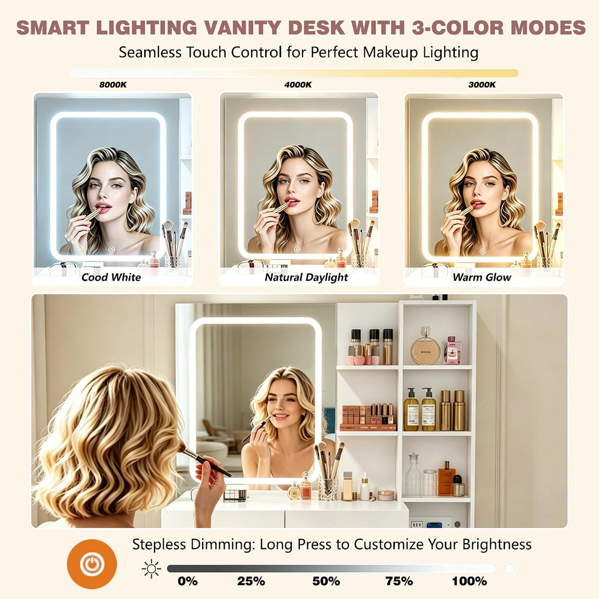 BZK White Makeup Vanity Desk with LED Lighted Mirror & Charging Station, ...