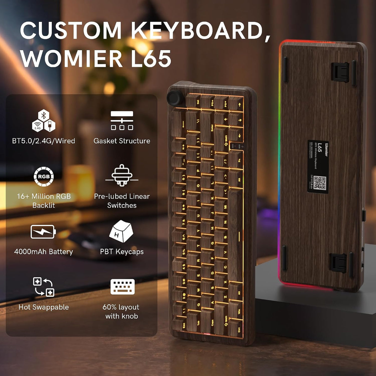 womier L65 60% Brown Mechanical Keyboard with Knob,4000mAh,Tri Mode USB-C/BT5...