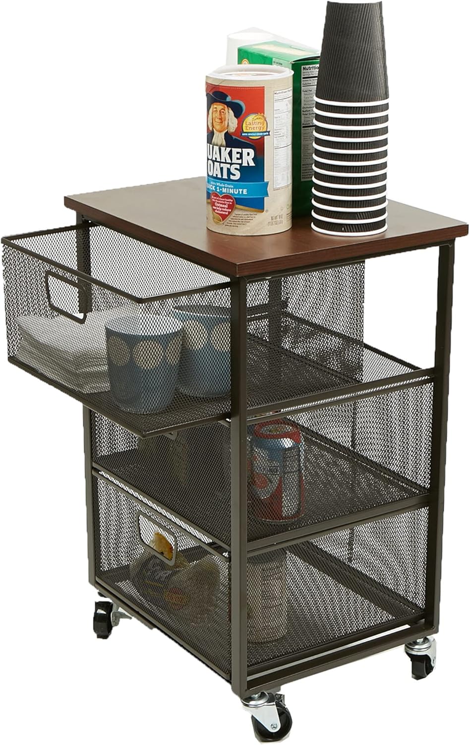 Mind Reader 3 Drawer Storage Organizer with Wood Top, Rolling Office Organize...