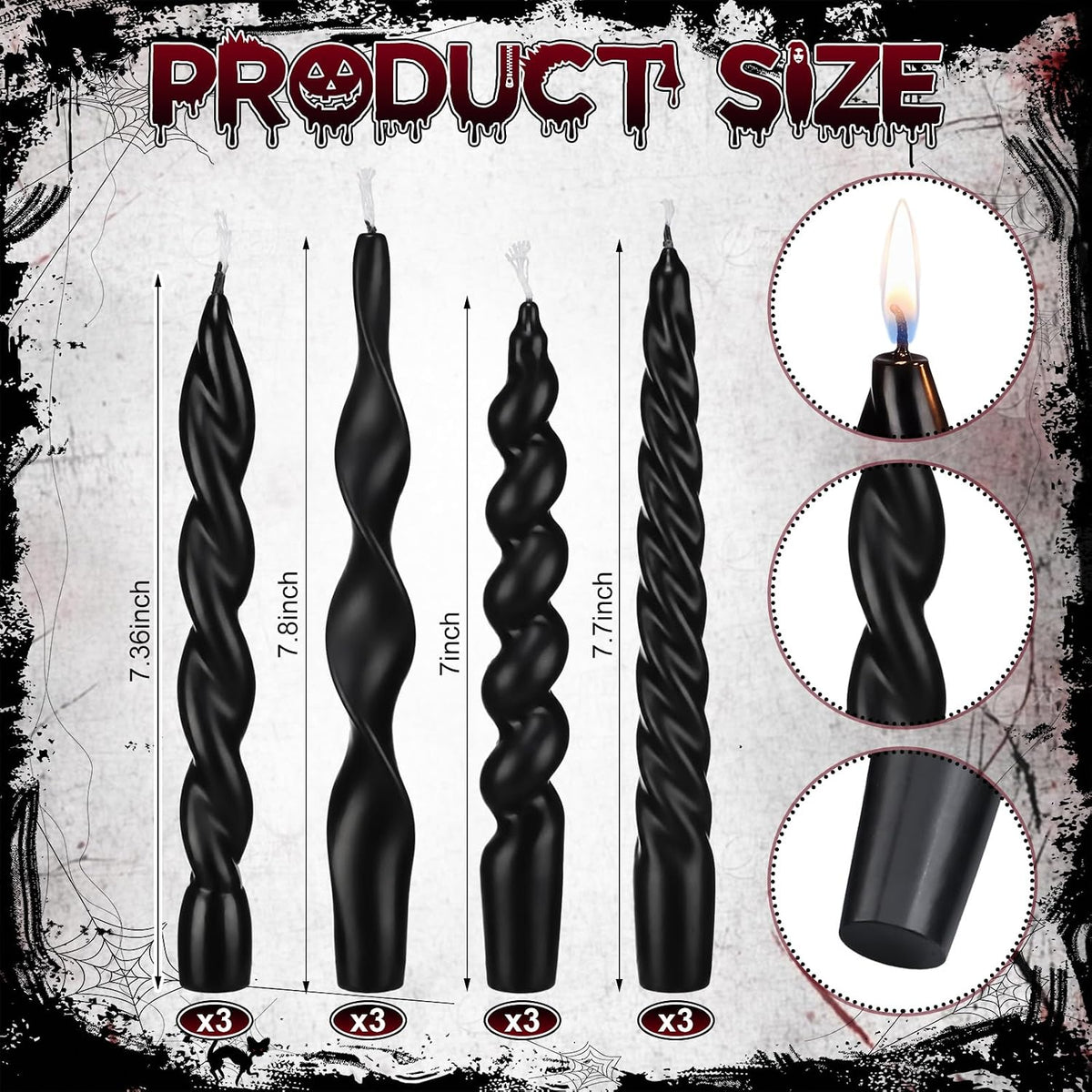 Nuanchu 12 Pcs Black Spiral Taper Candle 7.5" Halloween Twisted Candlestick