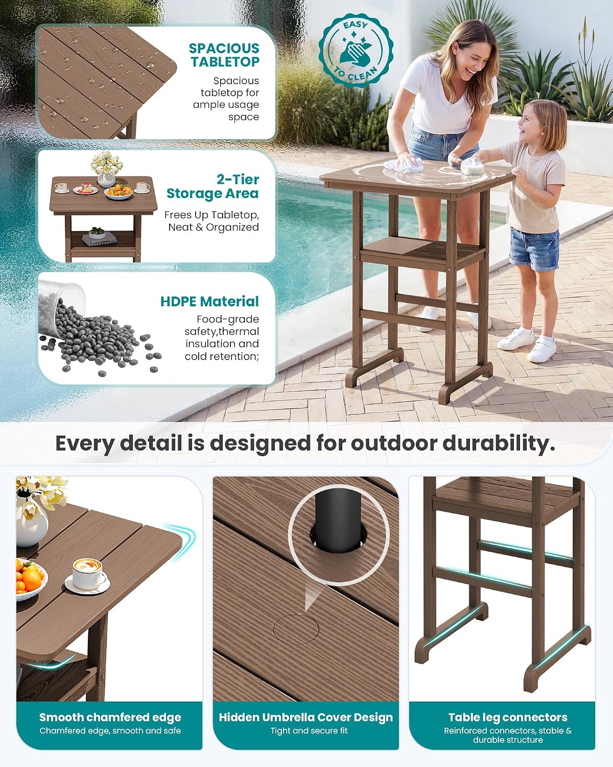 SERWALL 3 Pcs HDPE Bar Height Chairs and Double Layer Pub Table Set, Brown
