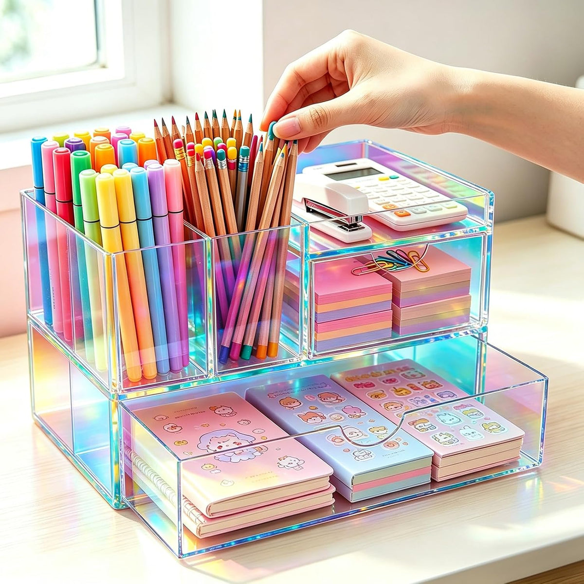 Desk Organizer with Drawers Acrylic Desktop Organizer Pen Holder Caddy for Of...