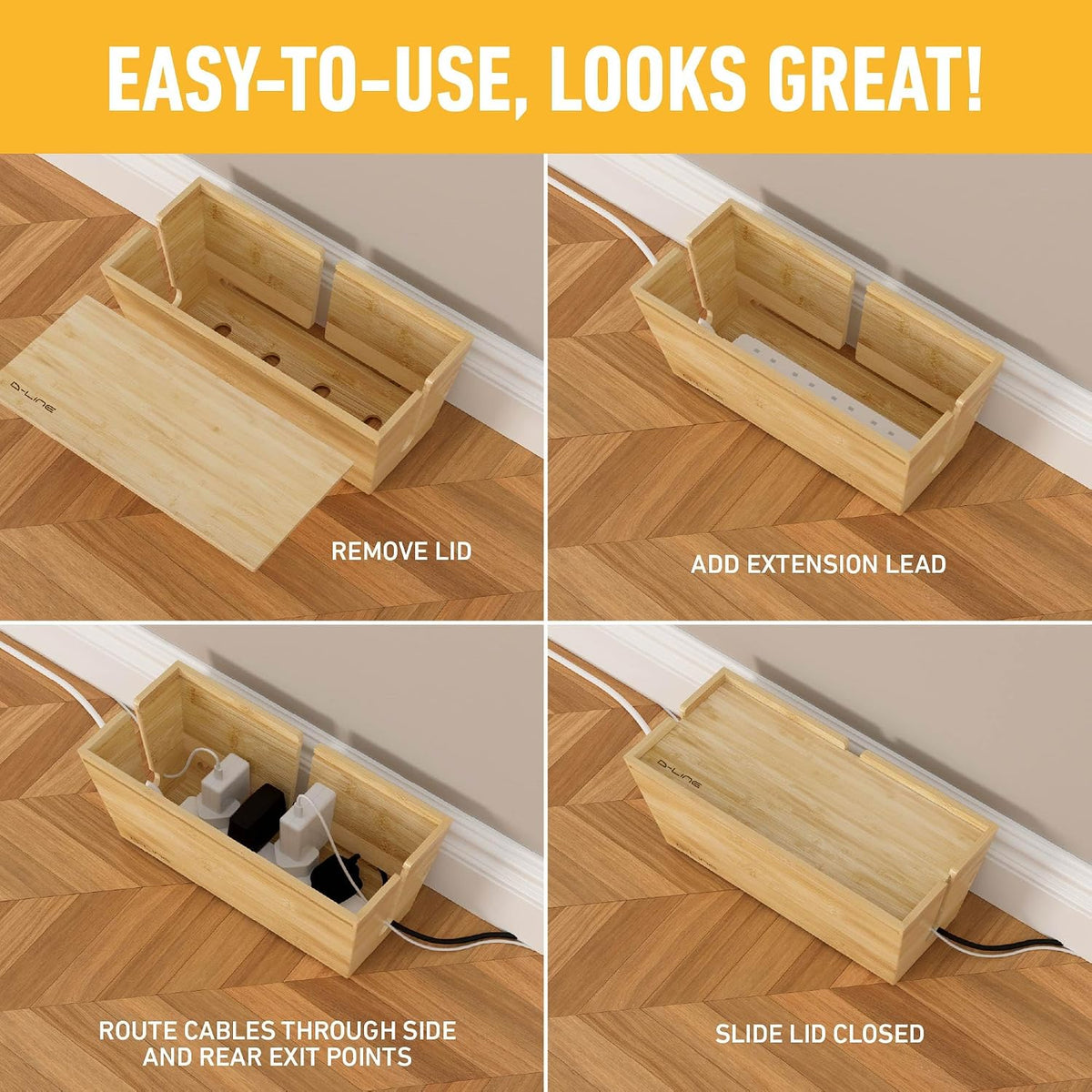 D-Line Bamboo Cable Management Box – Hide Power Strips, Large Cable Organizer...