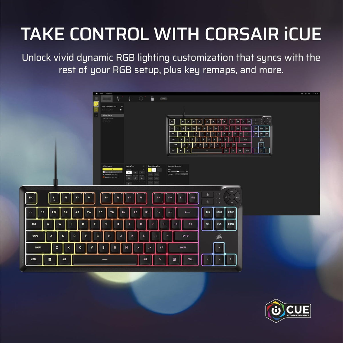 Corsair K55 CORE TKL RGB Gaming Keyboard – Tenkeyless, 8-Zone RGB, Quiet Memb...
