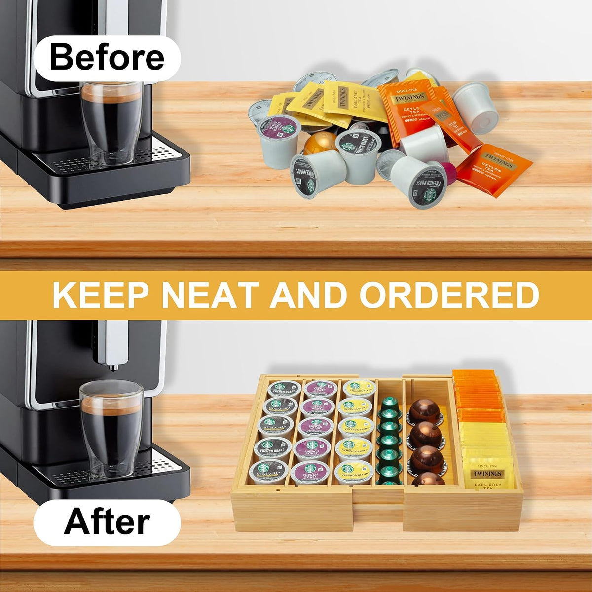 MinBoo Bamboo K Cup Holder for Drawer or Countertop Coffee Pod Holder Expanda...