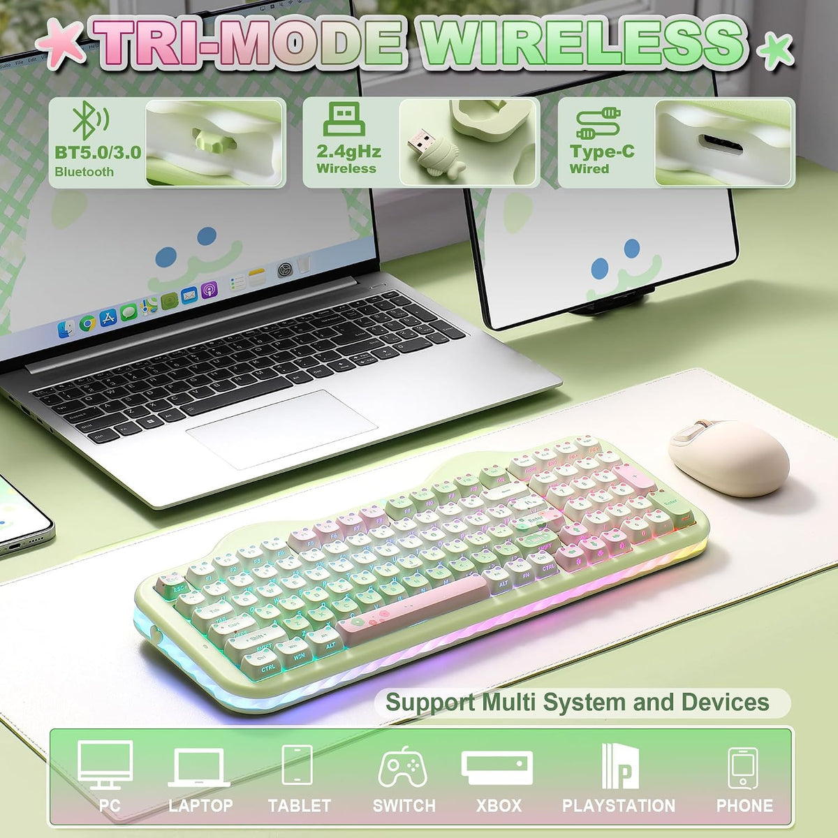 YUNZII C98 Cute Wireless Mechanical Keyboard(Green Mao, Candy Switch)