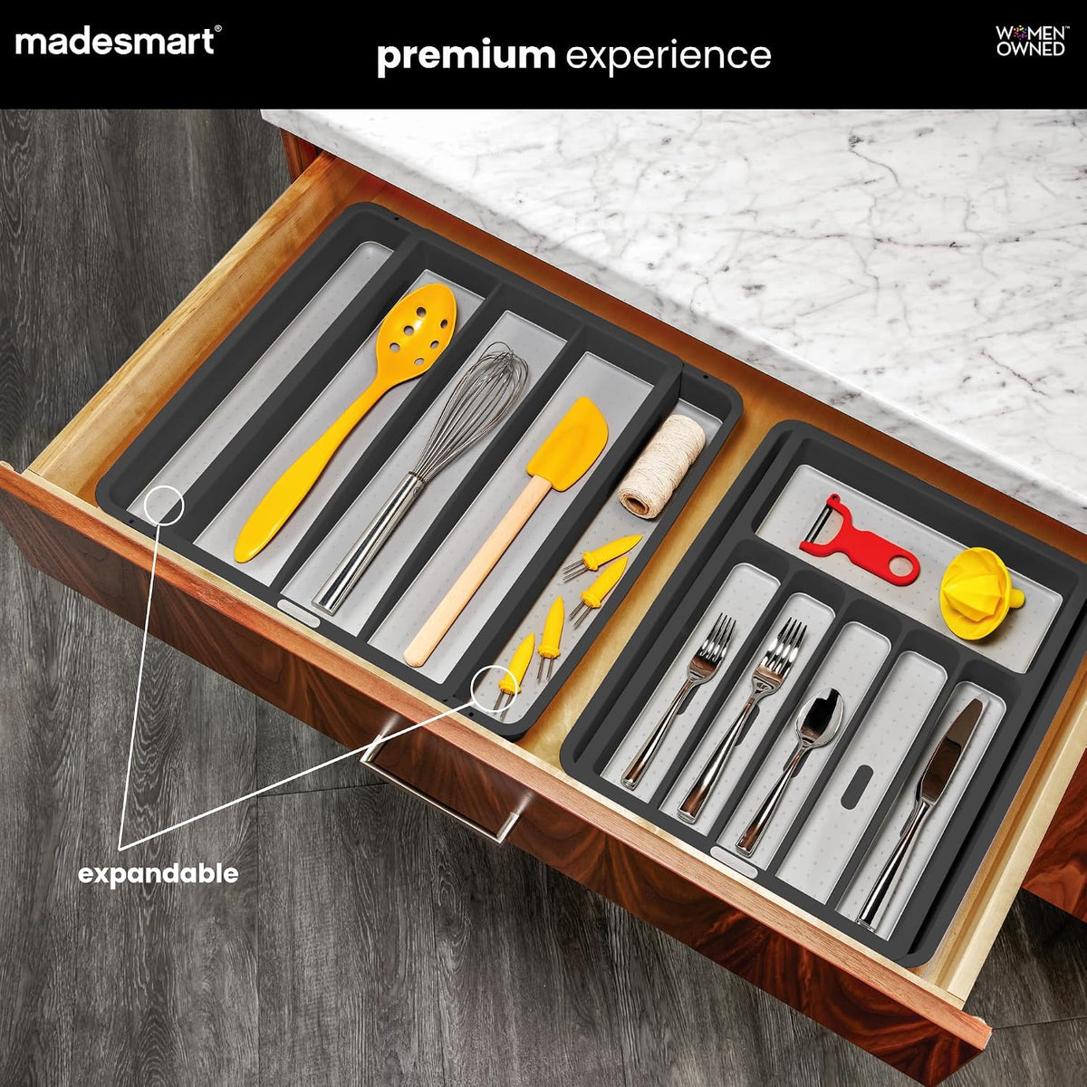 madesmart Classic Expandable Compartment Utensil Tray, Granite