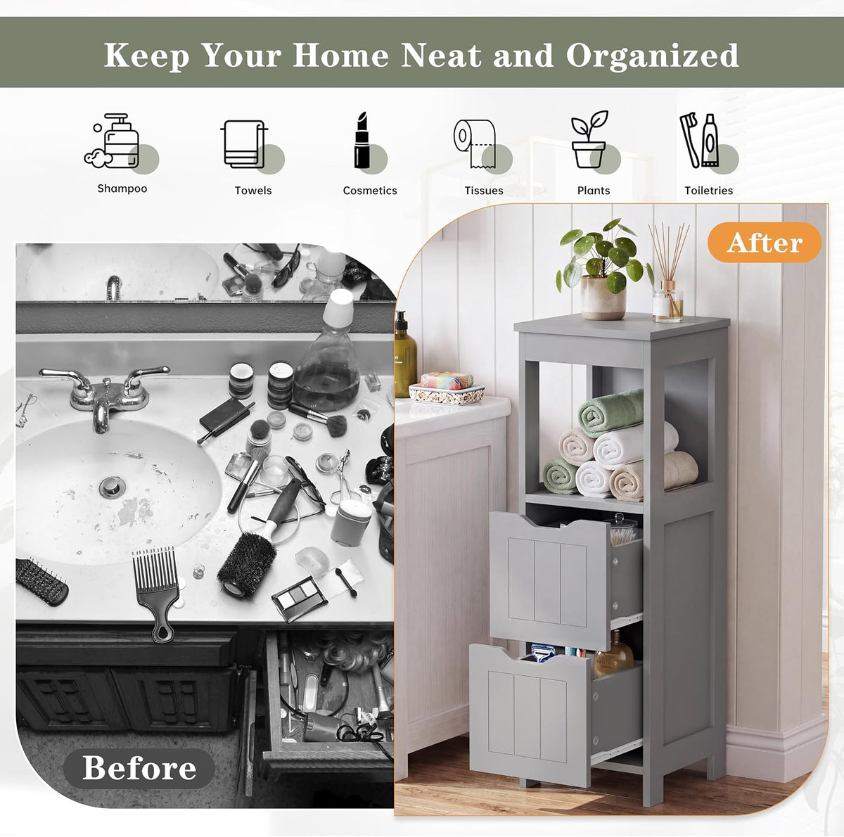 Shintenchi Small Bathroom Storage Cabinet, 2 Drawer Slim Floor Cabinet