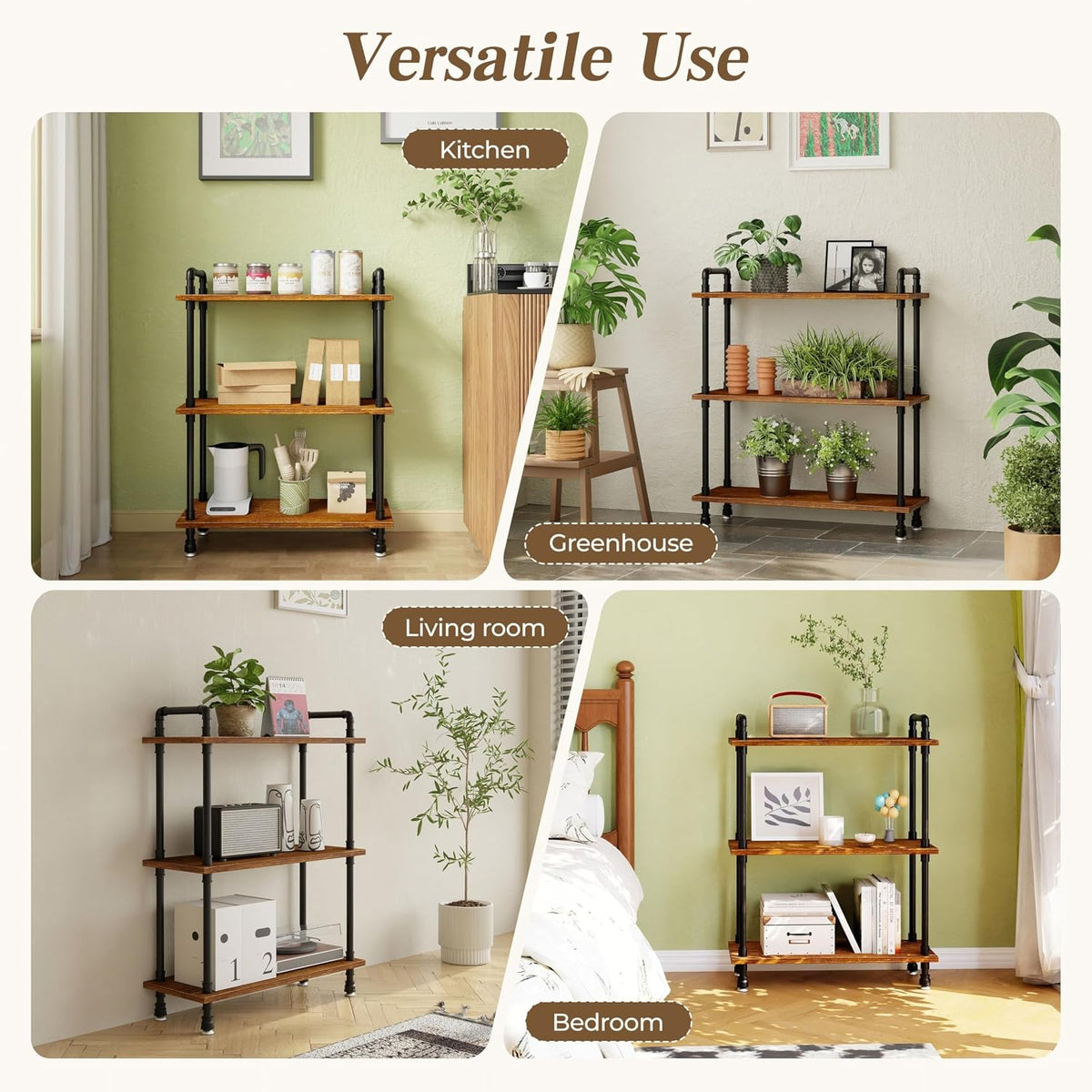 Industrial Bookshelf, Pipe Shelf Bookcase, 3 Tier, 30" Rustic Brown