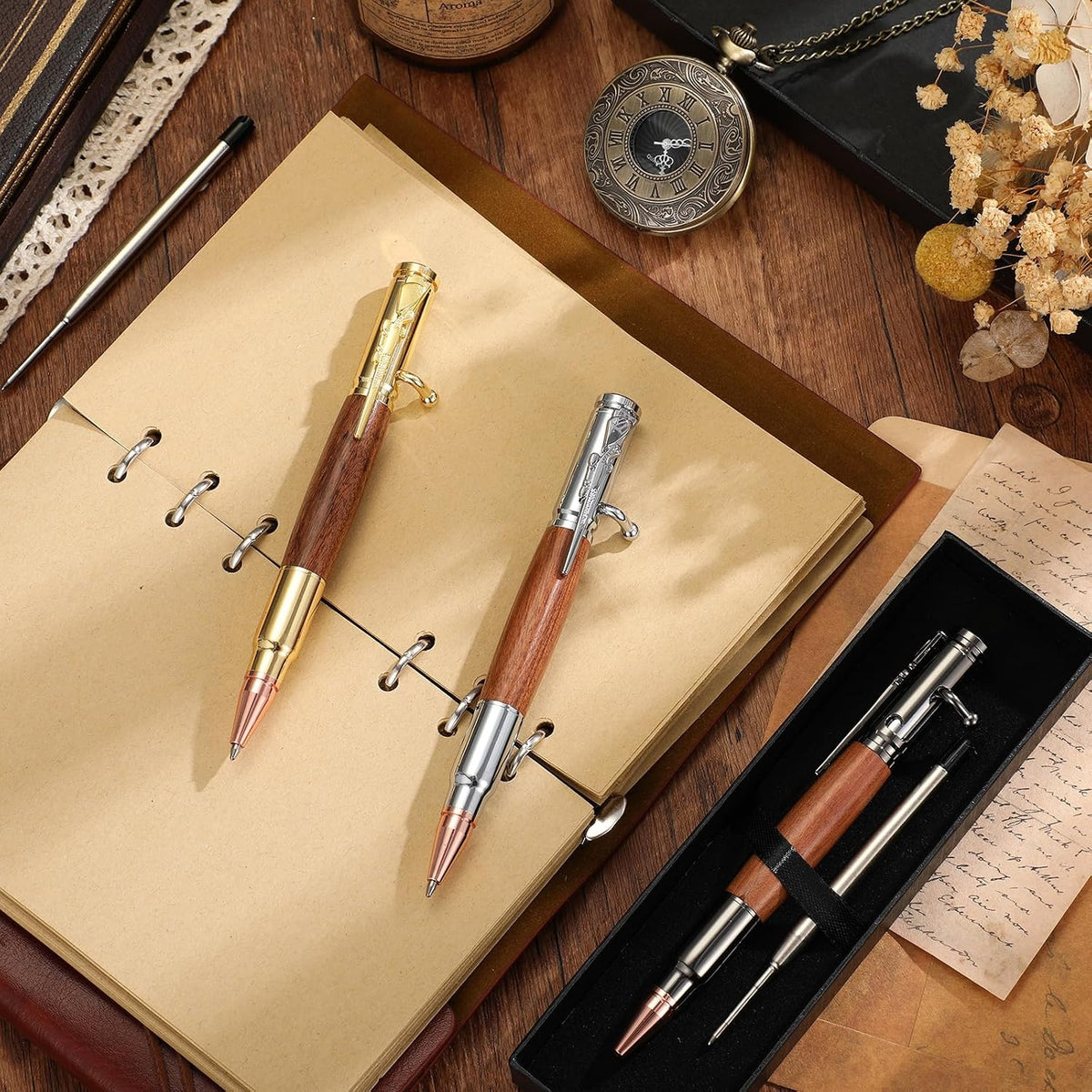 Crtiin 3 Sets Bolt Action Bullet Pens, Gift Boxed,Gold Silver Black
