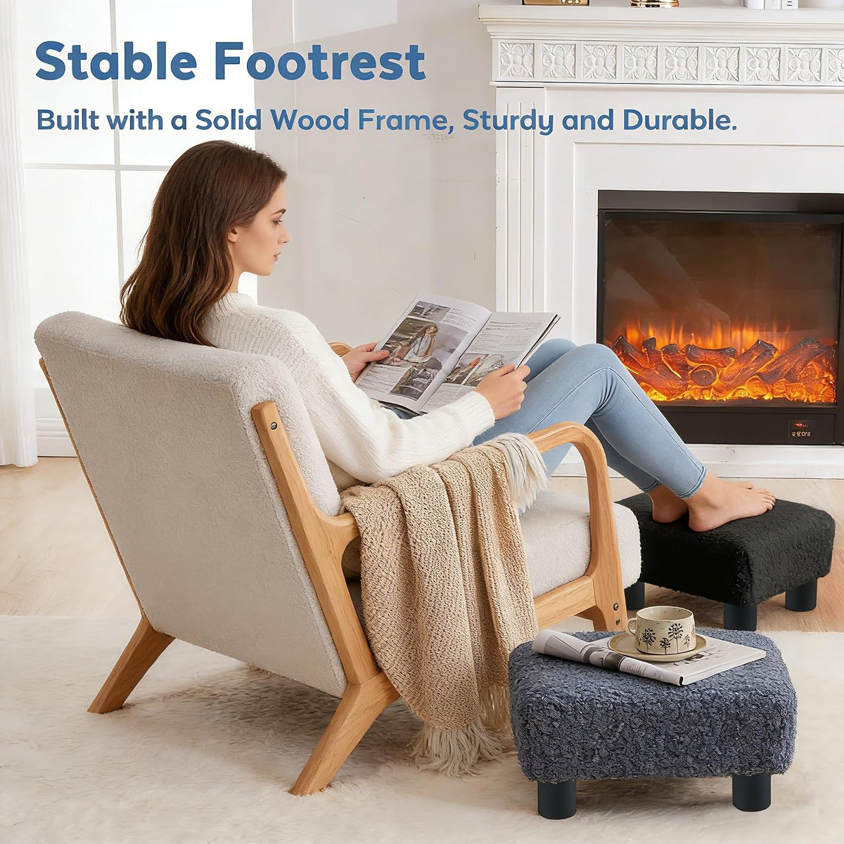 BRIAN & DANY Small Foot Stool Ottoman, Footstool with Legs, Sherpa Foot R...
