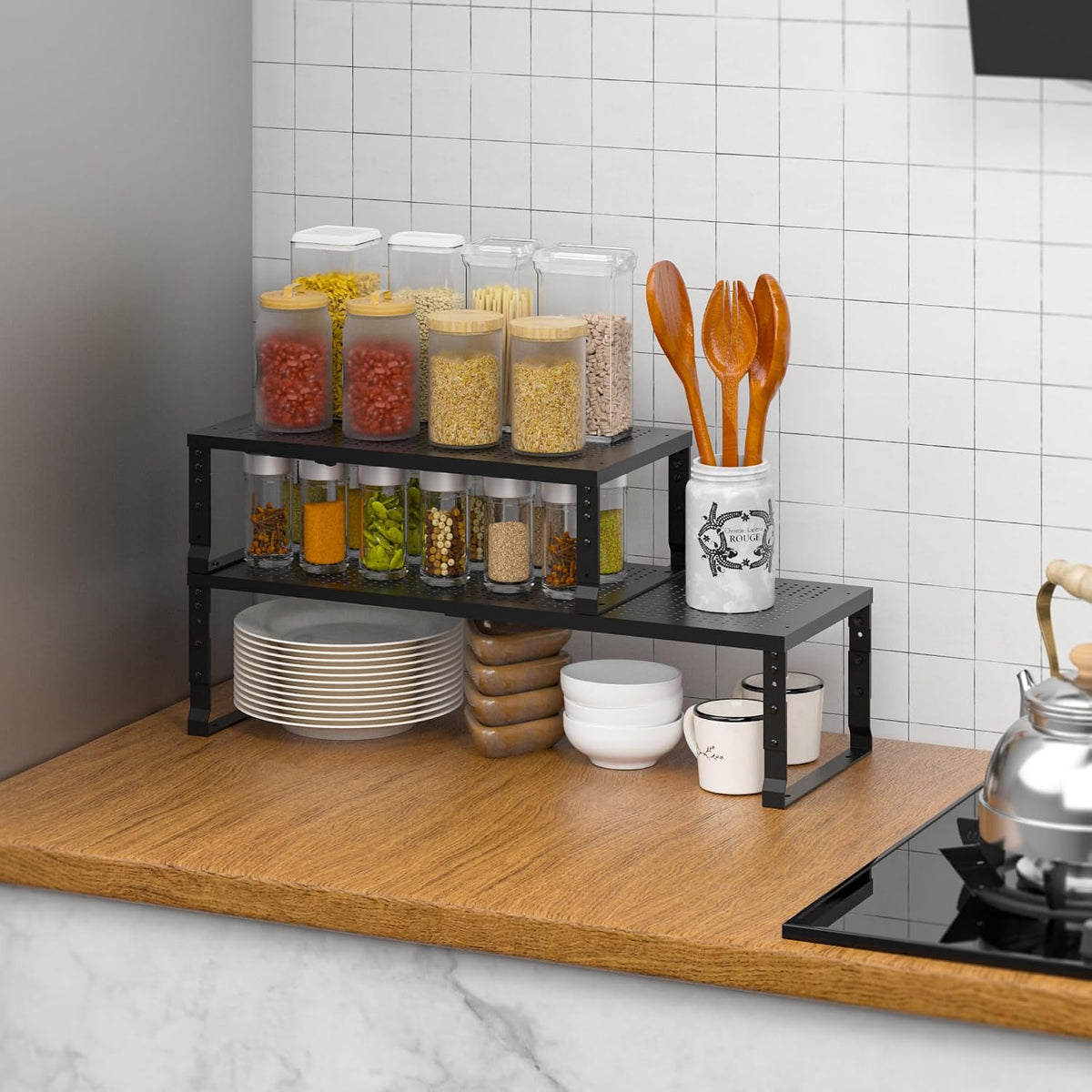Metal Stackable Expandable Storage Rack, Thickened Steel Adjustable Counterto...