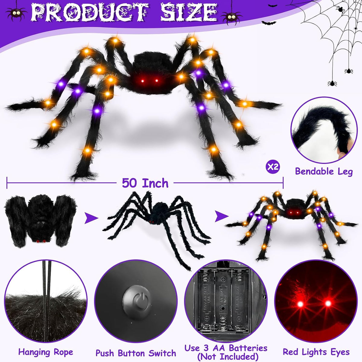 2Pack 50Inch Giant Halloween Spiders Decorations with 8 Modes 30 LED Lights