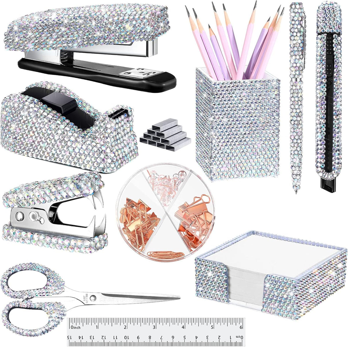 Teling 10 Pcs Bling Office Desk Accessories Glitter Office Supplies,Silver