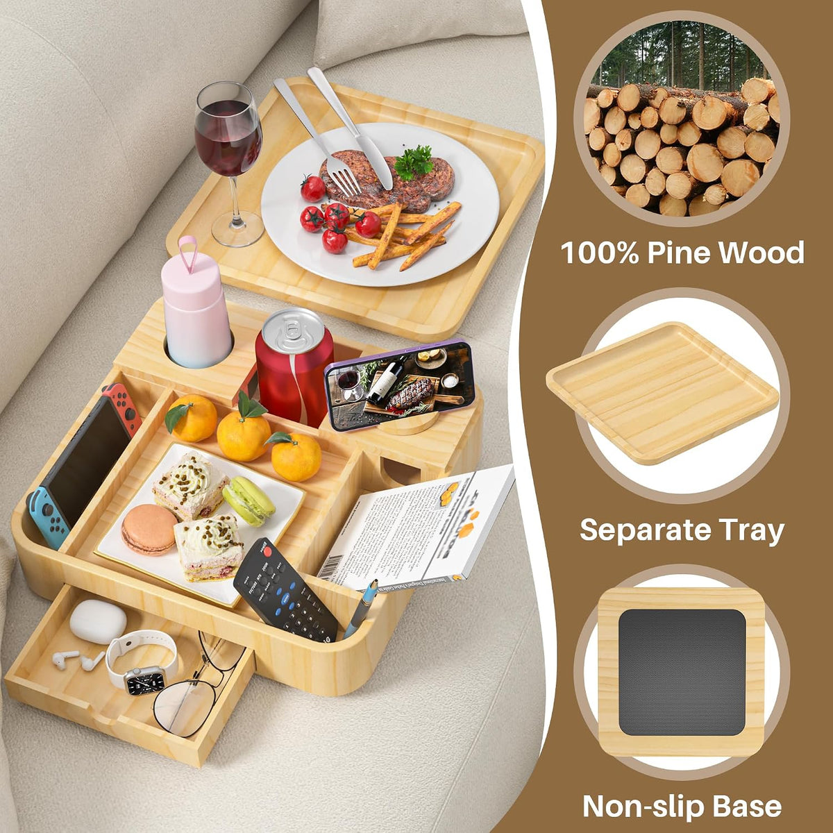 Couch Cup Holder 2-Tier Solid Pine Wooden Trays with Drawer 12.5 * 12.5 in