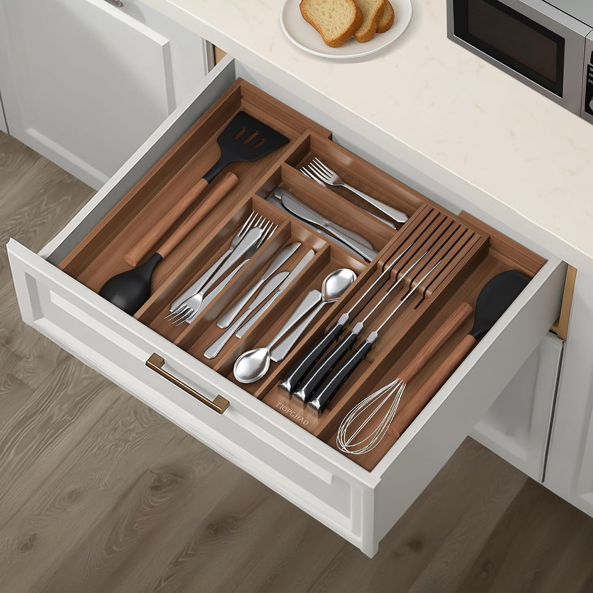 TIOPGHAD Expandable Bamboo Silverware Organizer with Knife Block, Brown