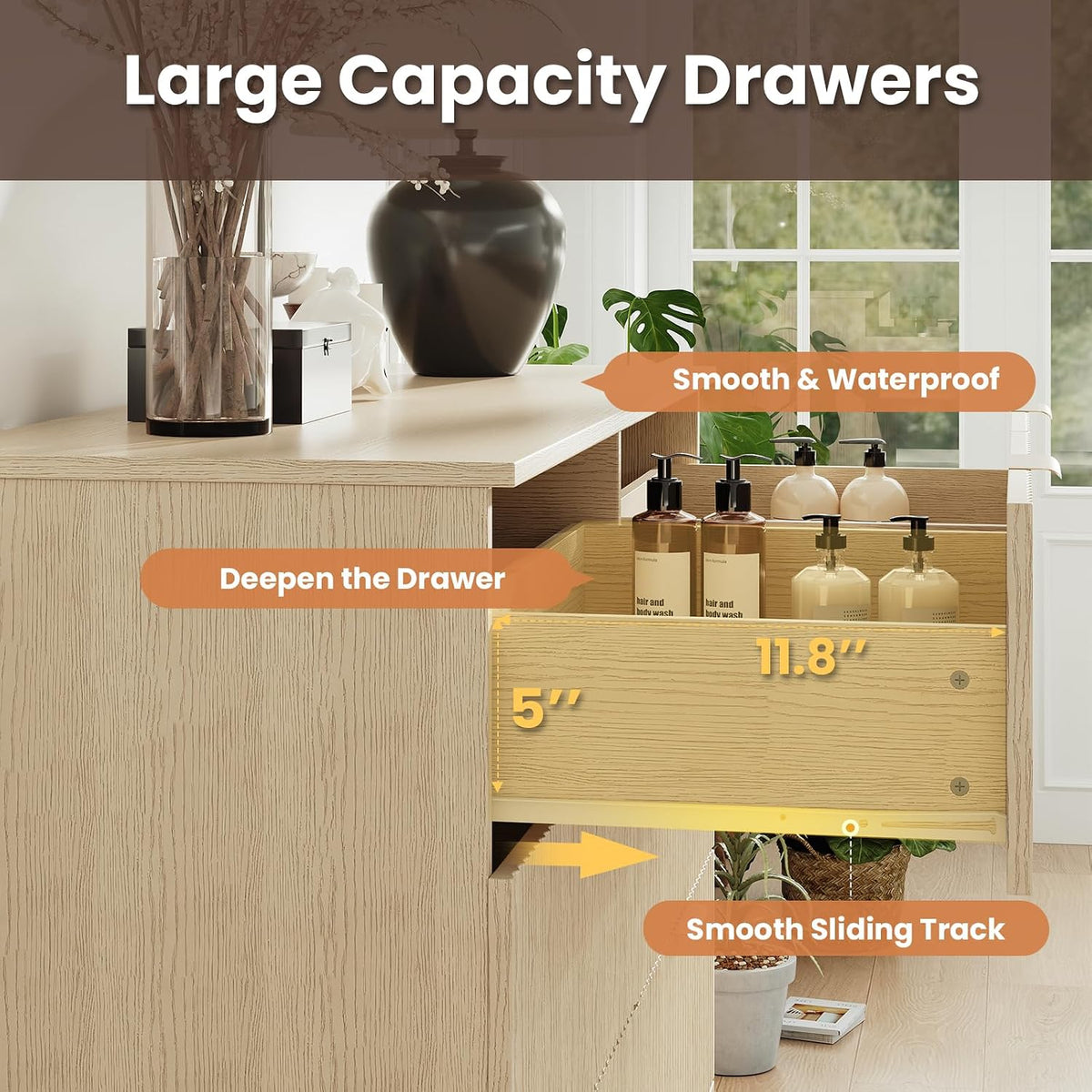 MALOL Modern Fluted 6 Drawer Dresser, Wide Wooden Storage Cabinet with Metal ...