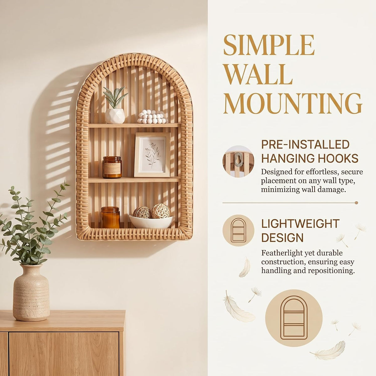 Rattan Wall Shelf - 3 Tier Boho Arched Wicker Hanging Shelves