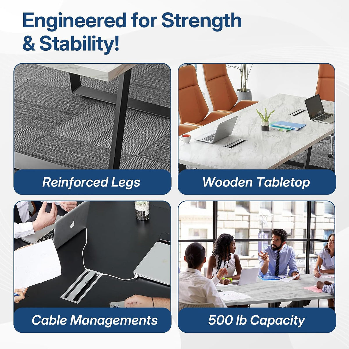 12FT Conference Table with Cable Management Grommets — Modern Rectangle Offic...