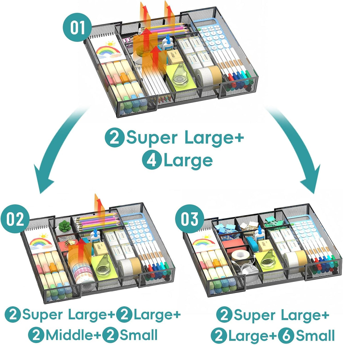 2 Pack Expandable Desk Drawer Organizer, 10 Compartments, Black