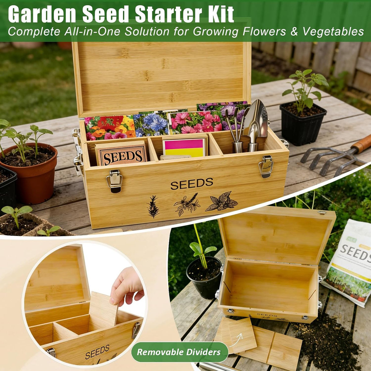 Natural Bamboo Seed Storage Organizer Box, Garden Tools Saving Kit