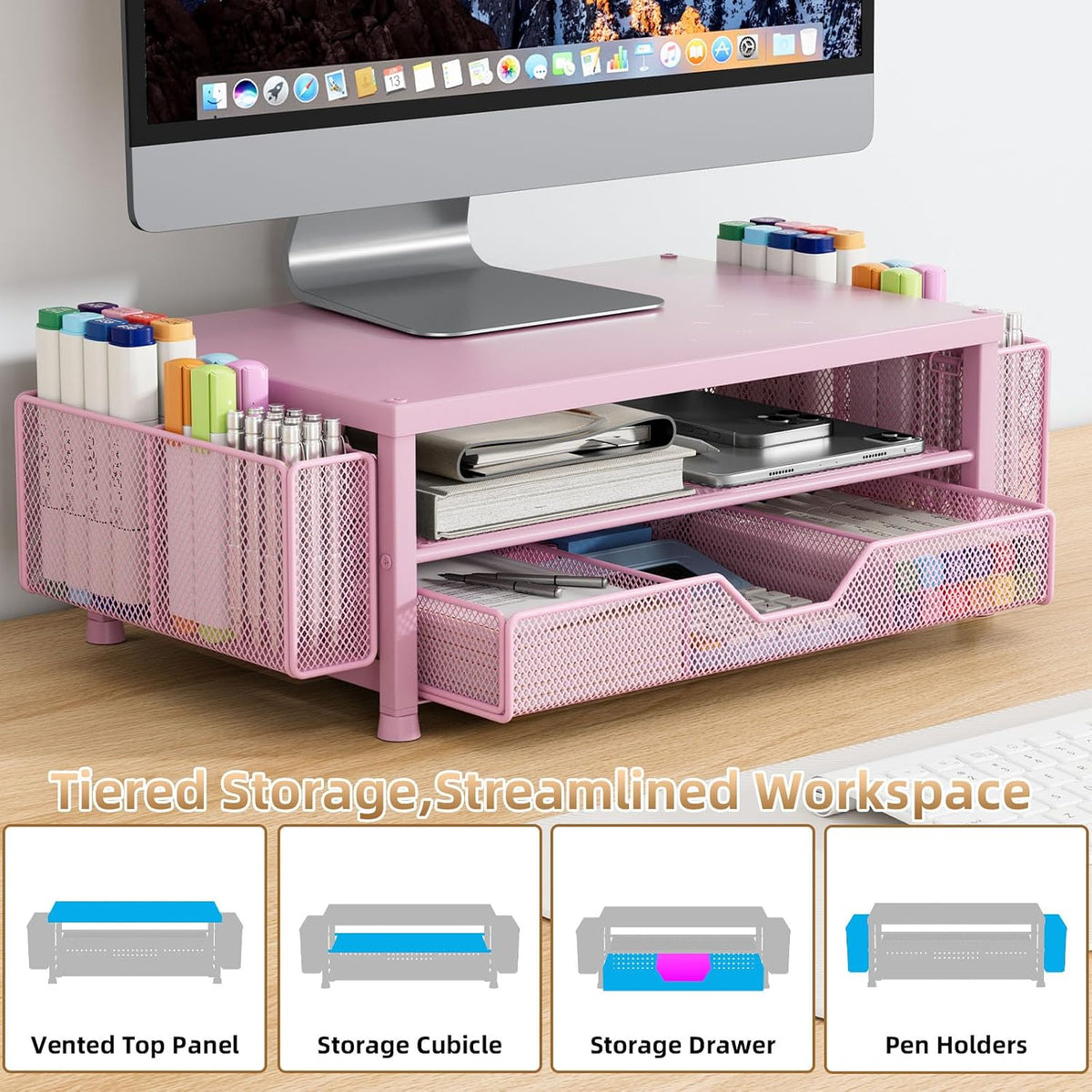 Monitor Stand Riser with Mesh Drawer and 2 Side Pen Holders, Pink Metal Top