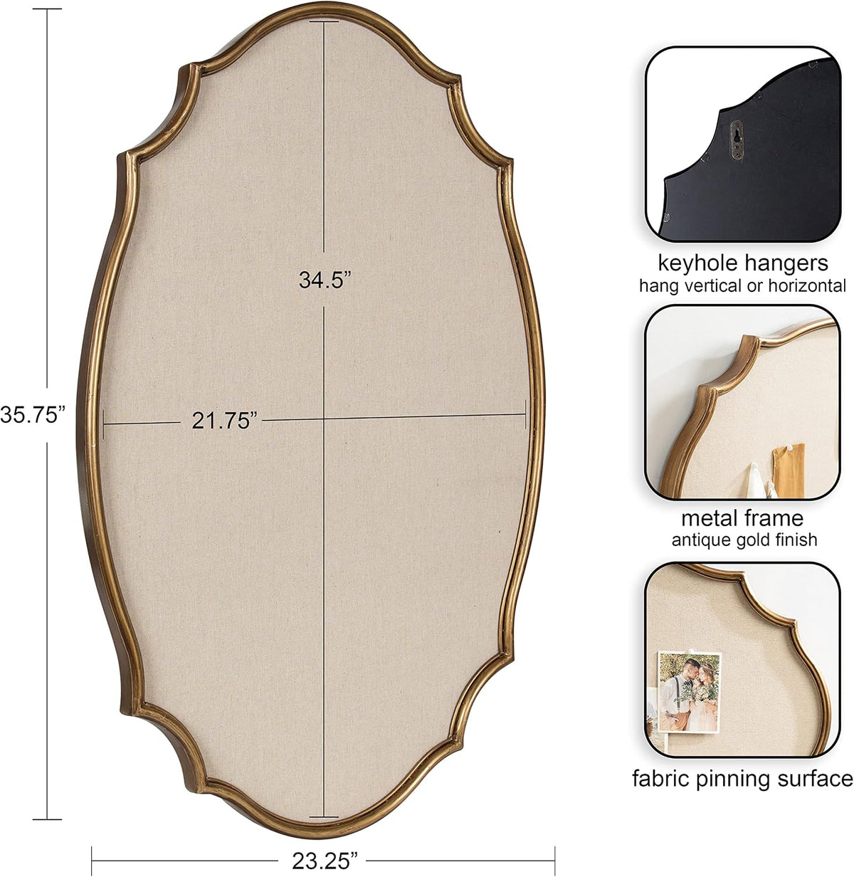 Kate and Laurel Leanna Decorative Scalloped Metal Pinboard; 24 x 36; Gold; Fr...