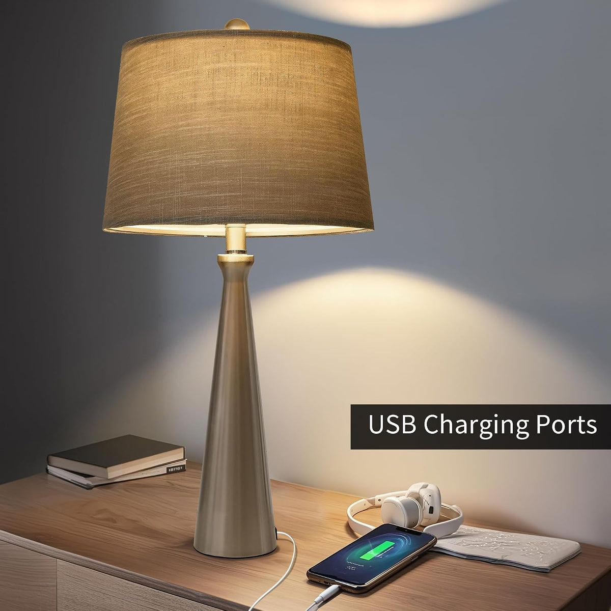 Oneach 25.75" Modern Table Lamp for Bedroom Set of 2, USB C Port, Silver