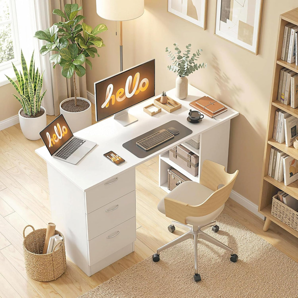HOMCOM 47" Computer Desk with Drawers for Home Office, White