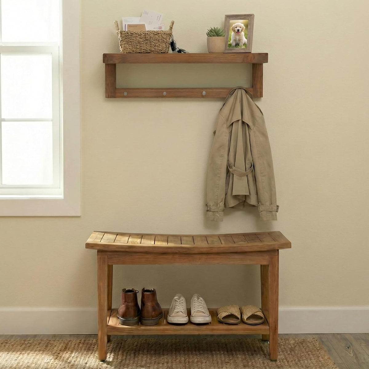 AquaTeak The Original 24" Moa Teak Wall Shelf with Hooks
