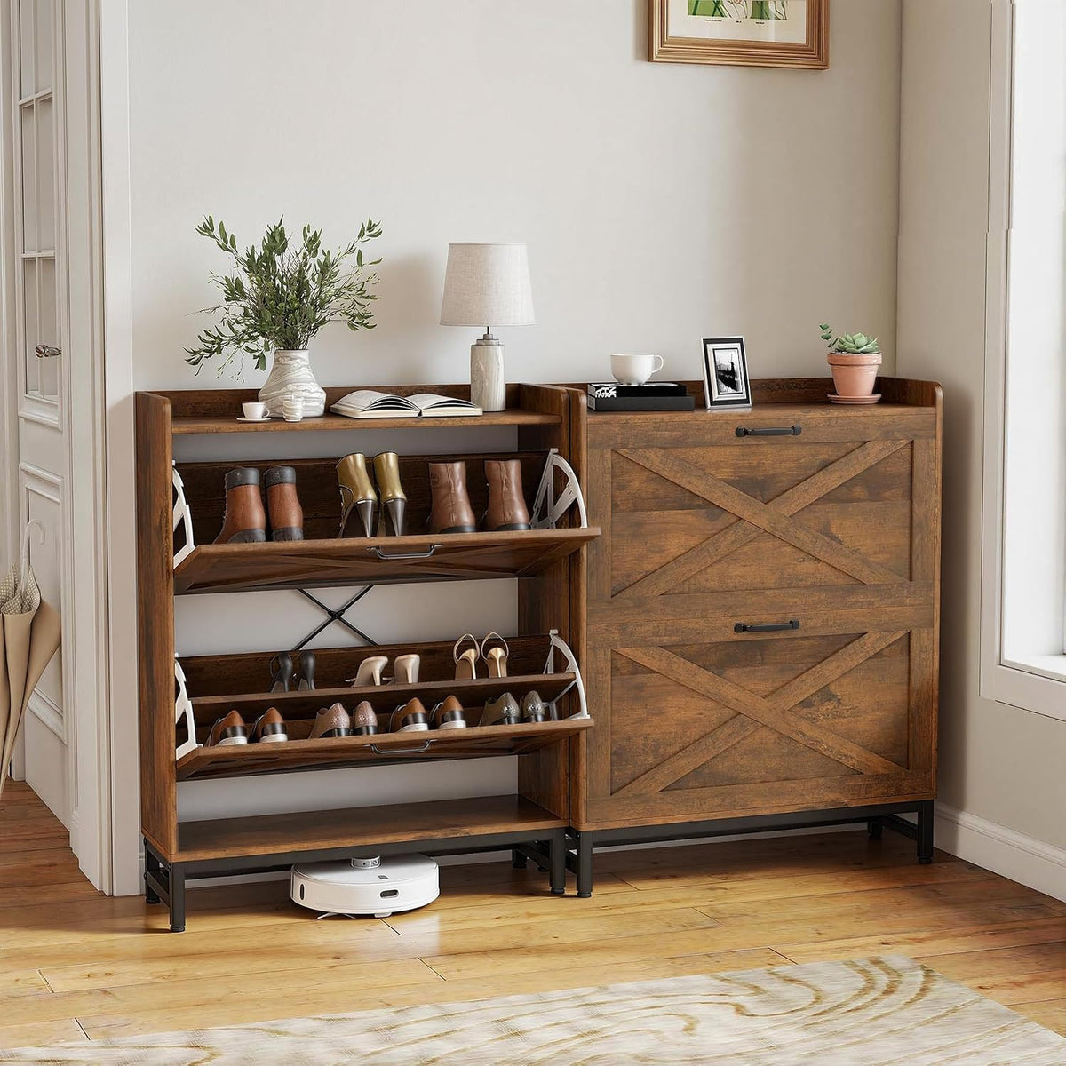 Miereirl Rustic Farmhouse Shoe Cabinet with 2 Flip Drawers, Narrow Entryway S...