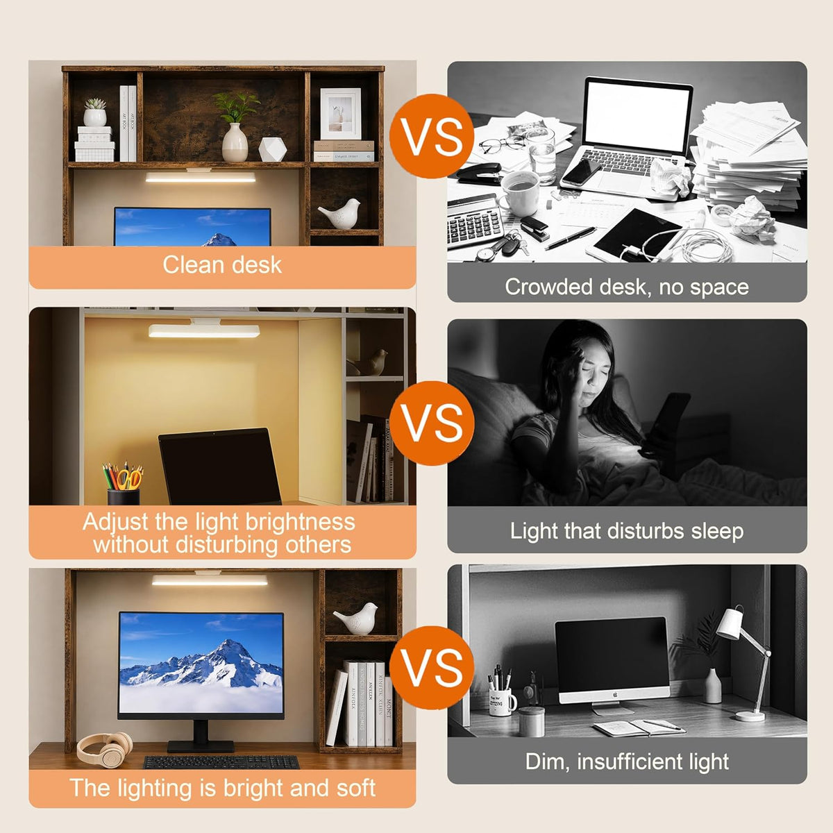 3 Tier Desktop Bookshelf with Rechargeable Eye-Friendly LED Desk Light, Desk ...